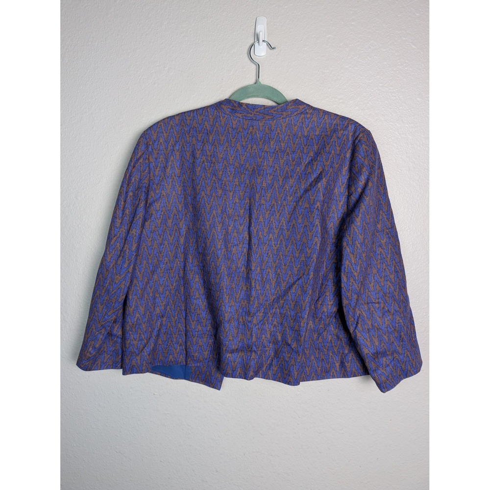 Ann Taylor LOFT Blazer Womens Large Blue Linen Chevron Open Front Lined‎ Jacket - Picture 2 of 7